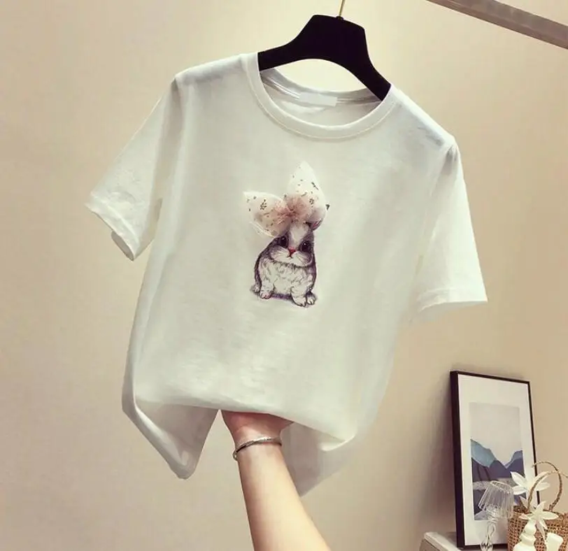 Ян Цин Huan, летняя Новинка, свободная футболка с принтом в виде животных, кролика, женская футболка с коротким рукавом, с бантом, расшитая бисером, женские футболки в стиле Харадзюку - Цвет: dgvsd8