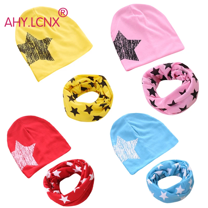 

Baby Hat Cotton Scarf Baby Beanies Infant Caps Star Print Spring Autumn Children Hat Scarves Set Baby Girls Hats Photo Props