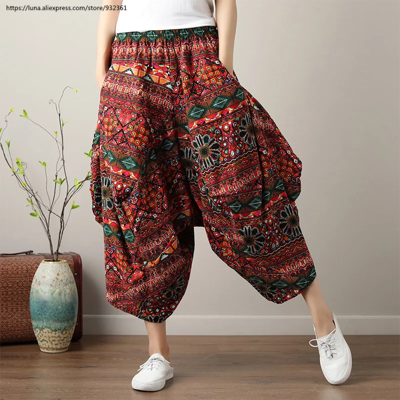 

Retro bohemian Colorful asymmetric Harem Pants Summer Loose Wide Leg Trousers Plus Size linen Slacks sarouel pantalon femme