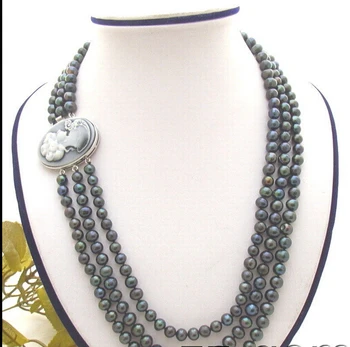 

FREE shipping> >>>>N0701012 3Strds Black Round Pearl Necklace-Cameo Clasp