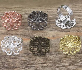 

Multi-color Plated Rings Settings with 23mm Filigree Flower Base Metal Blanks Retro Adjustable Lady's Ring Findings DIY Making
