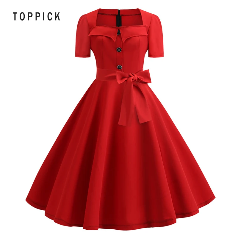 

2019 Women Elegant Summer Belt Strap Dress Retro Vintage Rockabilly Swing Pin Up Dresses Casual Plus Size Red Party Vestidos