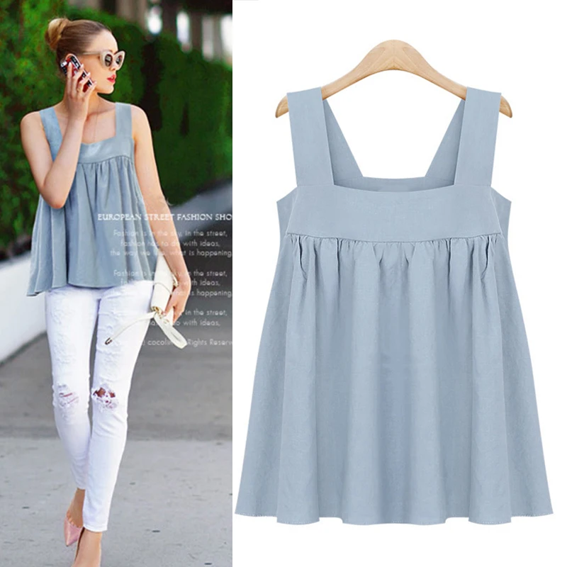 

2017 Sleeveless Square Collar Strap Cotton Linen Summer Blouse Women Loose Casual Tops For Ladies #170448