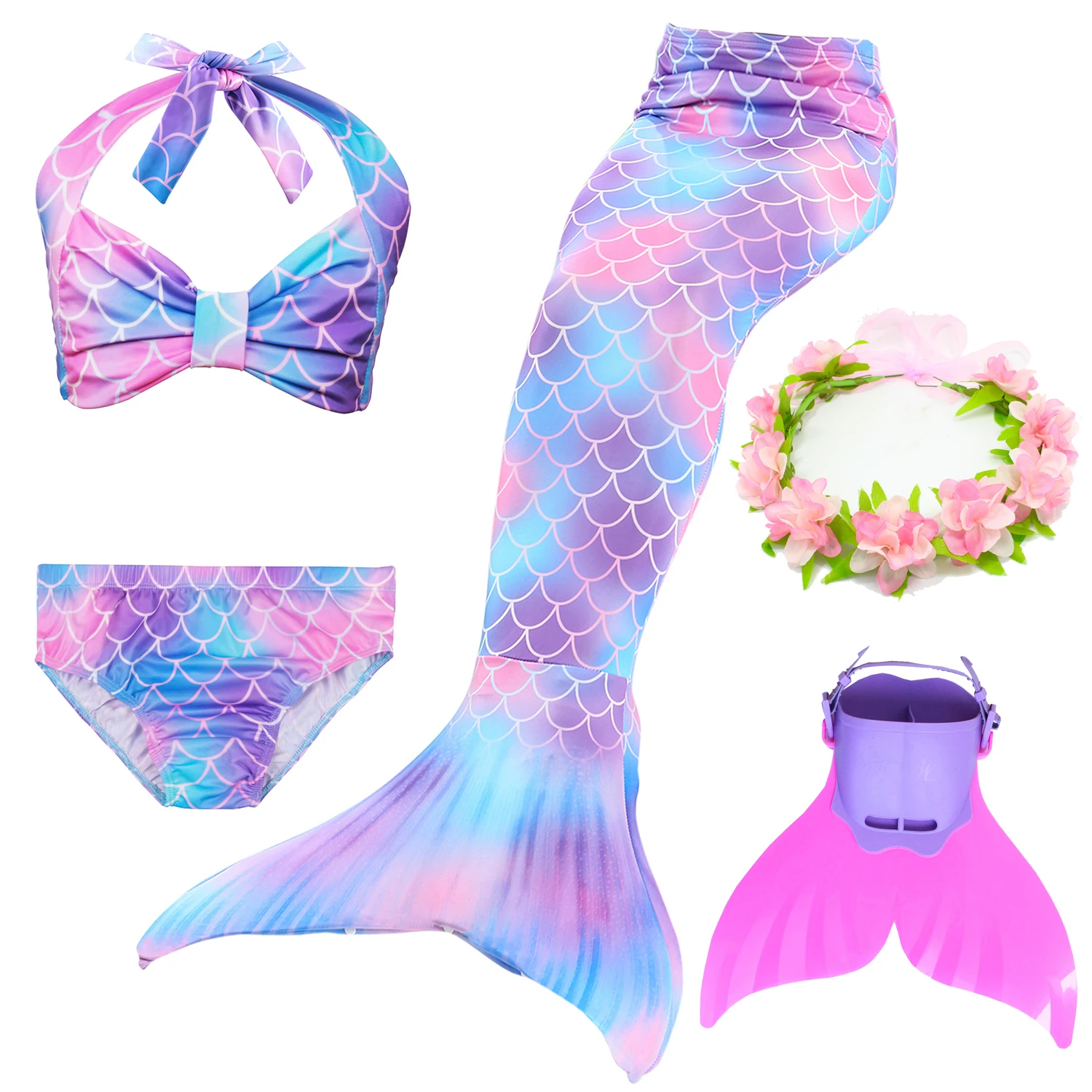 

Girls Little Mermaid Tail Swimming Costumes Monofin Kids Children Bikini Bathing Swimsuit Set for Swimmable Cosplay