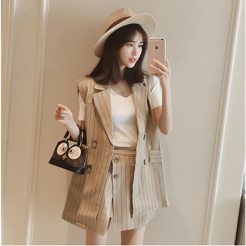 

Bella philosophy women fashion blazer vest 2 Pieces Set sleeveless female jacket coat strip suit office lady blazer skirt suit