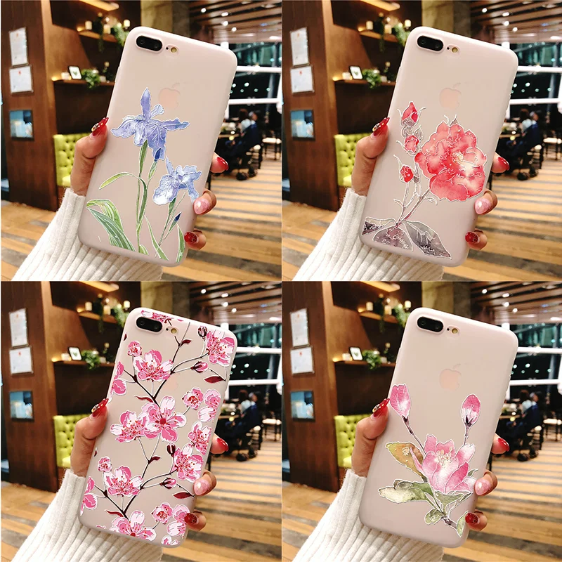 

3D Relief Floral White Matte Silicone Coque For iPhone XS Max X XR Capa Peach Blossom Cover For iPhone 7 8 6 6S Plus 5 S SE Case