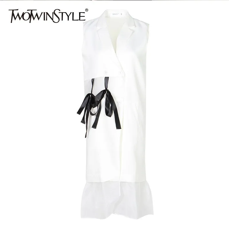

TWOTWINSTYLE Summer Sleeveless Mesh Patchwork Women Dress Lapel Off Shoulder Bandage Knee Length Dresses Female Fashion 2019