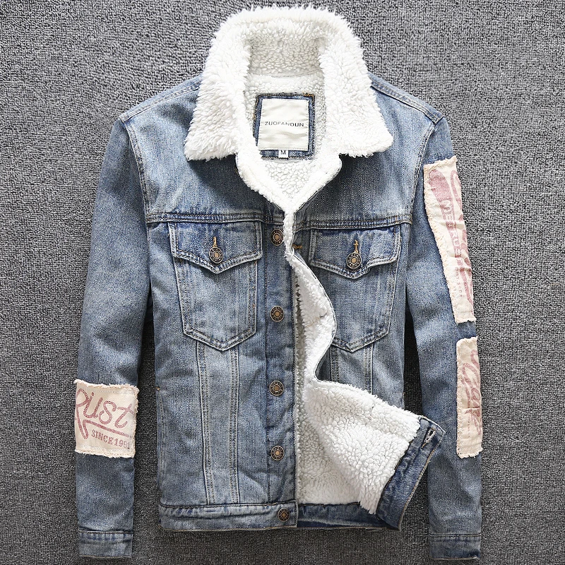 

Big Size M-5XL Fashion Winter Men Jacket Blue Patch Designer Printed Denim Jackets Men Streetwear Hip Hop Velvet Warm Jackets