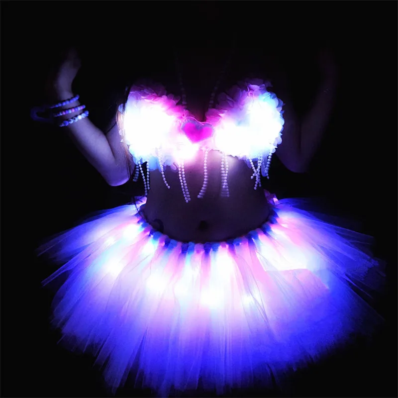 

KS10 Ballroom dance led light Tutu dresses rave disco wears bra luminous skirt stage costumes glowing flower bikini outfits bar