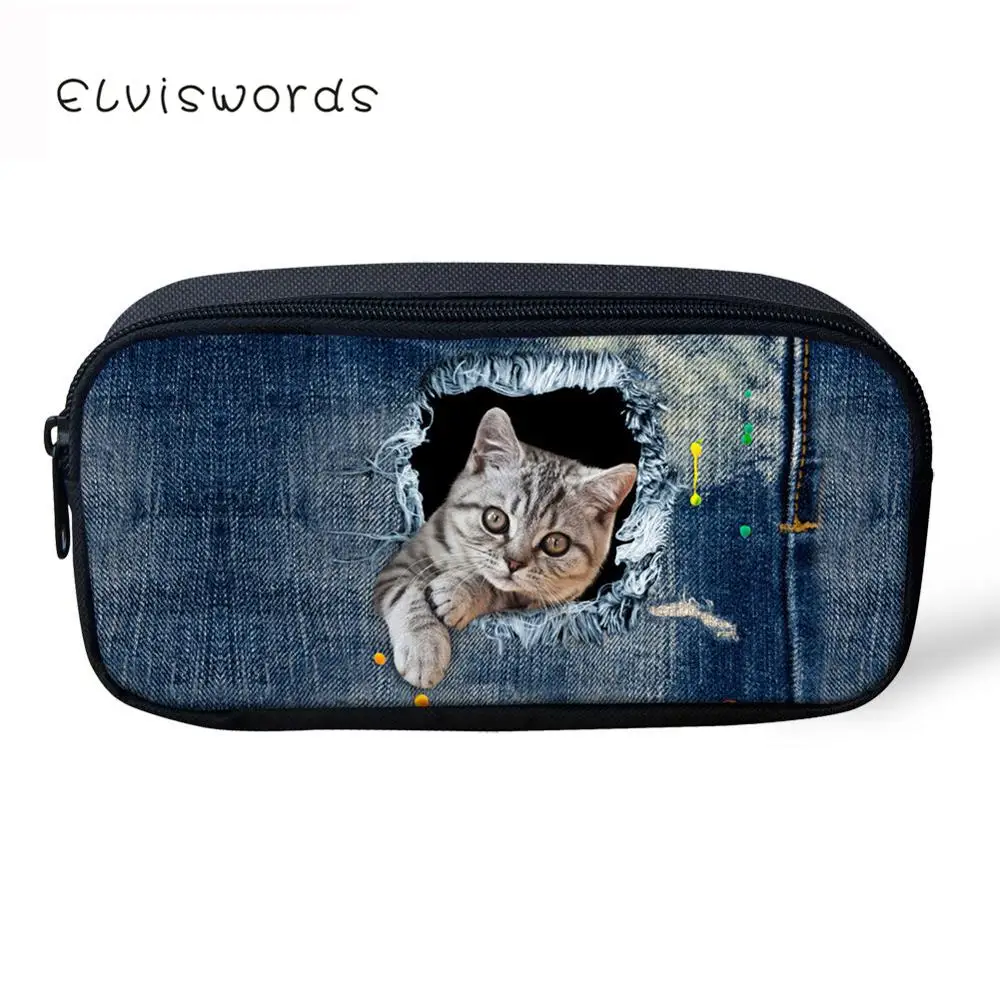 

ELVISWORDS Pencil Bag Pencil Case Canvas Kawaii 3D Cowboy Cat Printed Pouches Student Stationery Cute School Supplies