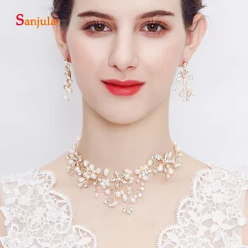 

Pearls Rhinestones Flower Shape Necklace for Women Long Earrings Fashion Party Jewelry Sets Bridal Wedding Accessories JS12