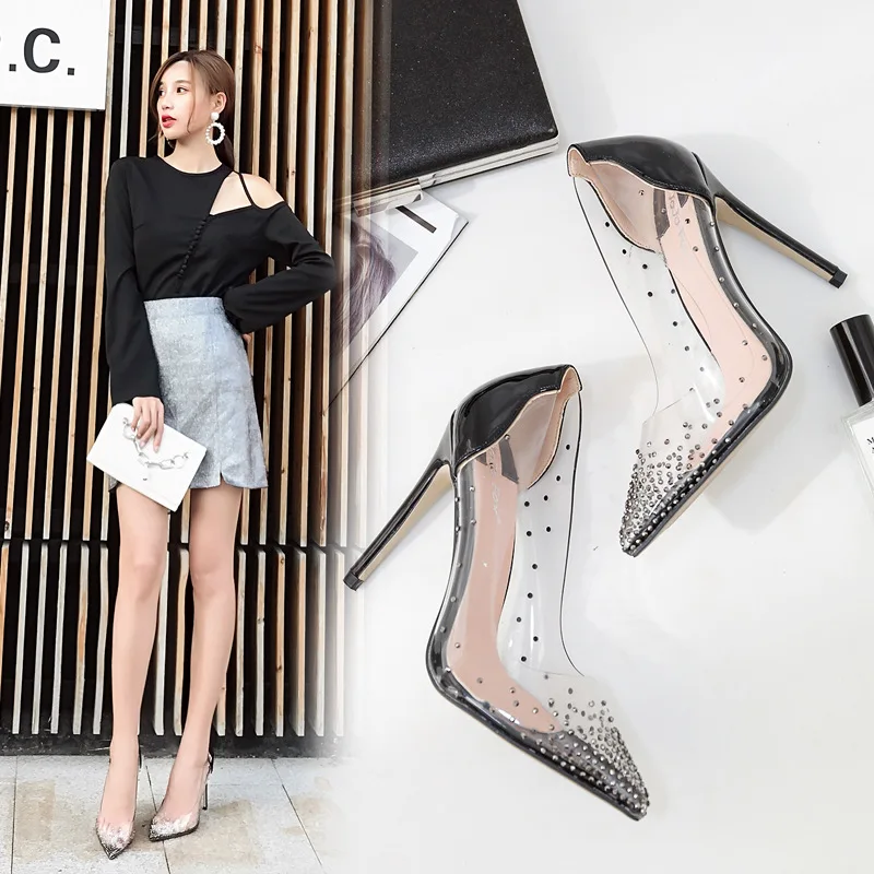 Koovan Women's Pumps High Heel Summer Shoes 2019 Transparent Rhinestone Pointed Shallow Single Shoe Coloring Women's Shoes