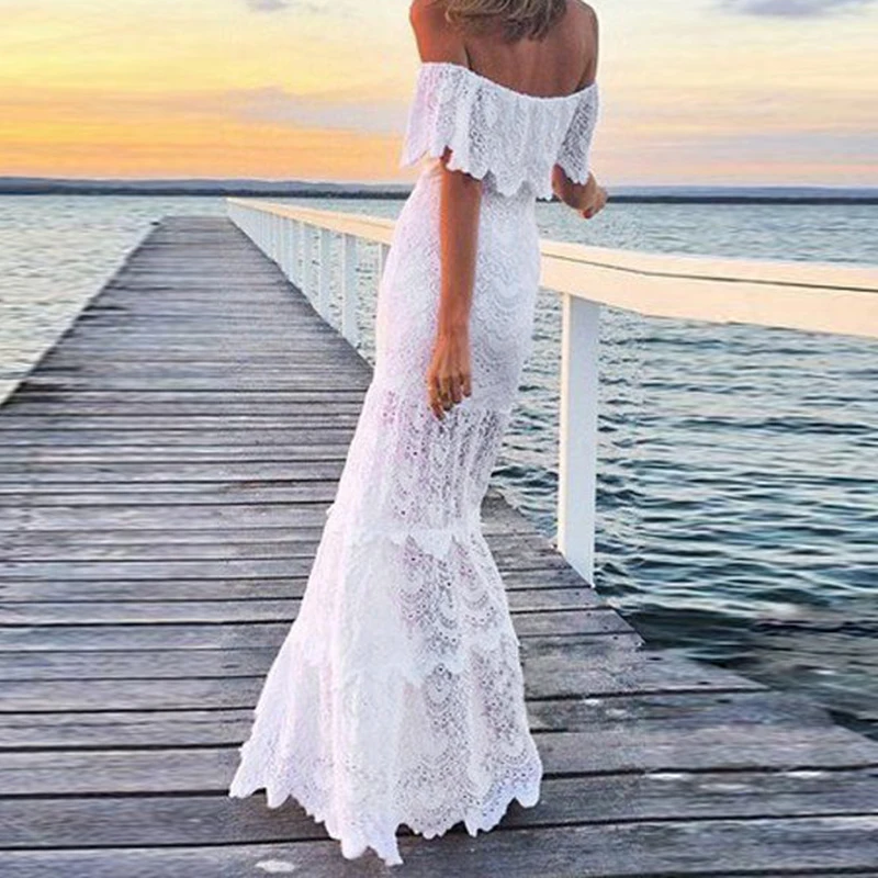 

White Dress Summer Beach Sundress Ruffle Women Lace Off shoulder Maxi Prom Party