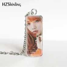 Hot Kpop Group Blackpink Lisa Rose Jennie Jisoo Rectangle Necklace Glass Cabochon Pendant Rectangle Necklace Jewelry Gifts