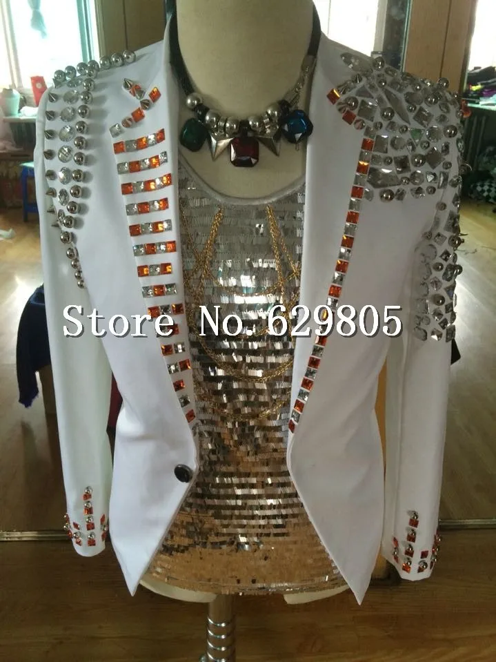 Blanc Discothèque Jazz Perles De Cristal Mâle Taille La Performance Mode Manteau Survêtement Plus Blazer Bar Costumes Hommes Rivets Chanteur 6y7bgfY
