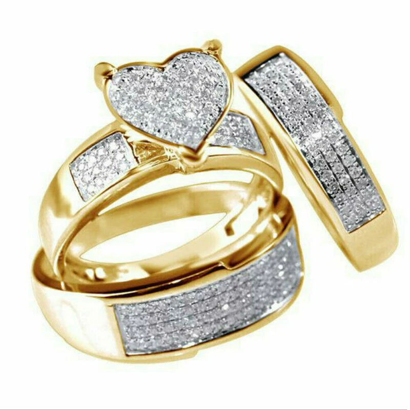 Women Jewelry Yellow Gold Filled Heart White Rhinestone Wedding Ring Size 6-10 3PCS