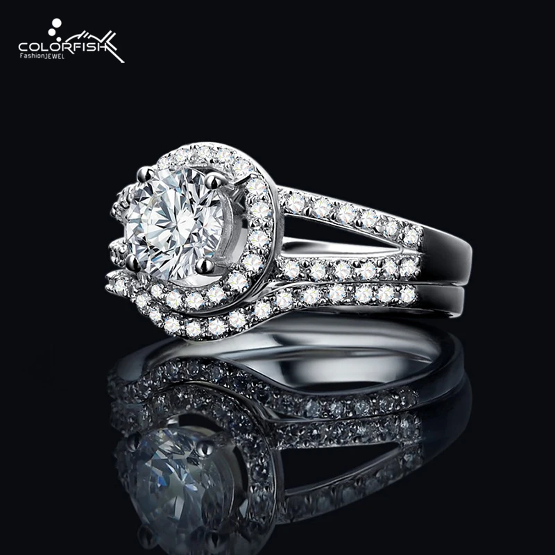 

COLORFISH 1 Carat Round Cut Halo Engagement Ring Set Fashion Women Jewelry Zircon 925 Sterling Silver Wedding Double Ring Set
