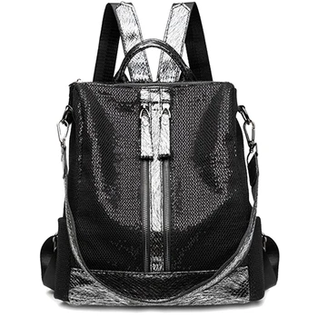 

ABDB-Sequins Backpack Women Fashion Multifunction Travel Bag Bling Mesh Student Large Capacity Schoolbag