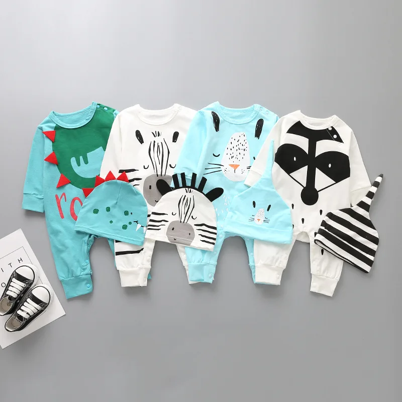 

Dinasour Roar Baby Rompers Lovely Animal Fox Zebra Print Newborn baby Cotton Jumpsuits sets Long Sleeve Autumn overall with Hat