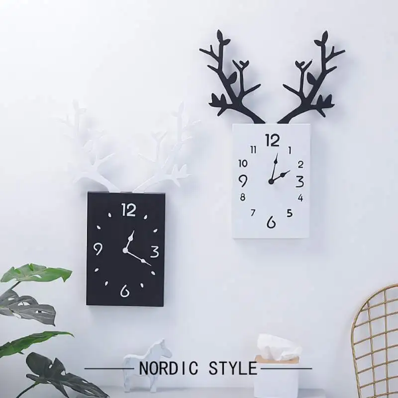 Wooden Wall Clock Nordic Style Design Creative Unique Design Antler Decorative Clocks Loft Wall Hanging Wood Clock Home Decor
