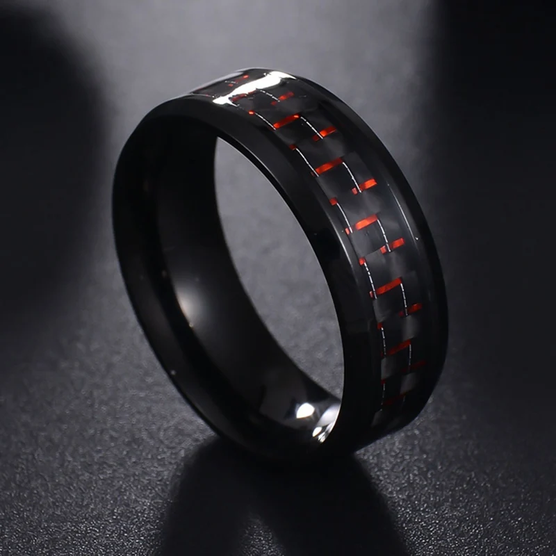 

European And American Men Stainless Steel Blue Red Square Carbon Fiber Ring Men's Cool Ring Fashion Jewelry