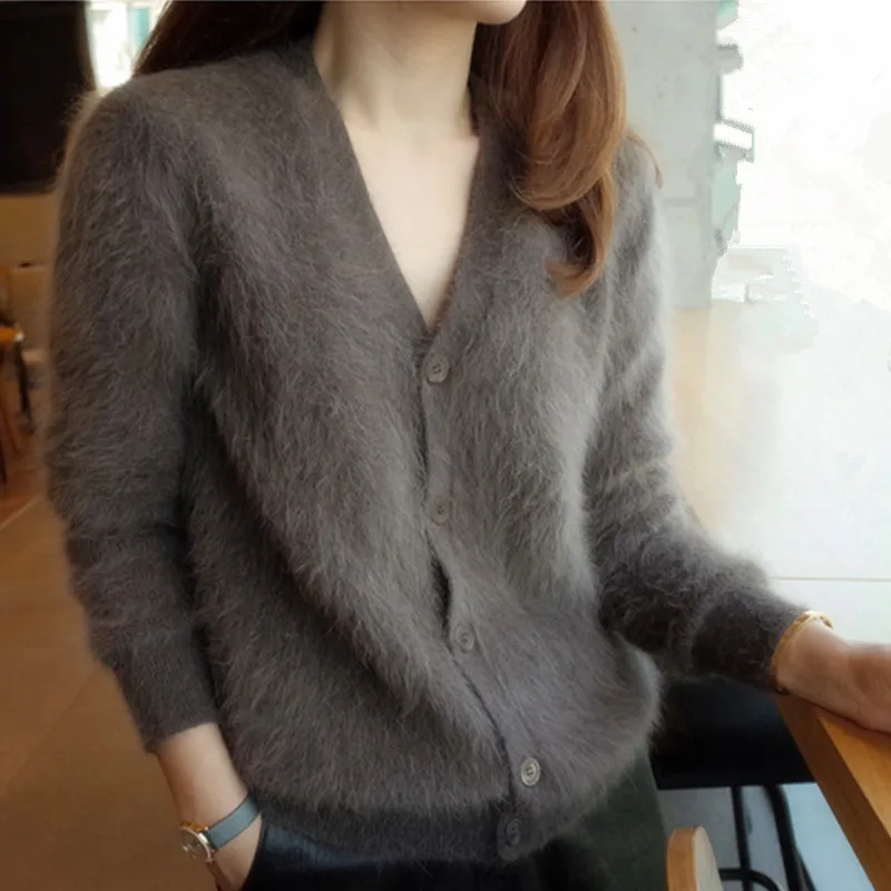 

JSXDHK Newest Fashion Women Mink Cashmere Sweater Cardigans Korean Winter Gray Thick Single Breasted Knitted Sexy V Neck Jacket