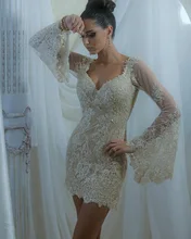 Vestido De Festa Curto Elegante Langarm Abrove Knie Mini Sexy Meerjungfrau V-ausschnitt Spitze Cocktailkleider 2016 Robe De Cocktail