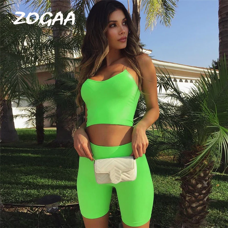 

Sexy Short Two Piece Set Crop Tops and Biker Shorts Green Rose Red Spaghetti Straps Bodycon Matching Sets Summer Clothes Women