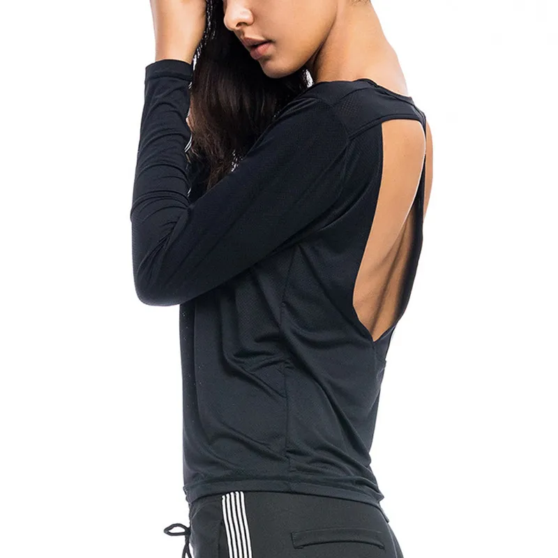 CretKoav женский сексуальный топ с открытой спиной для йоги с длинными рукавами, рубашки в полоску, дизайн, фитнес, сетчатая одежда, спортивная футболка для бега