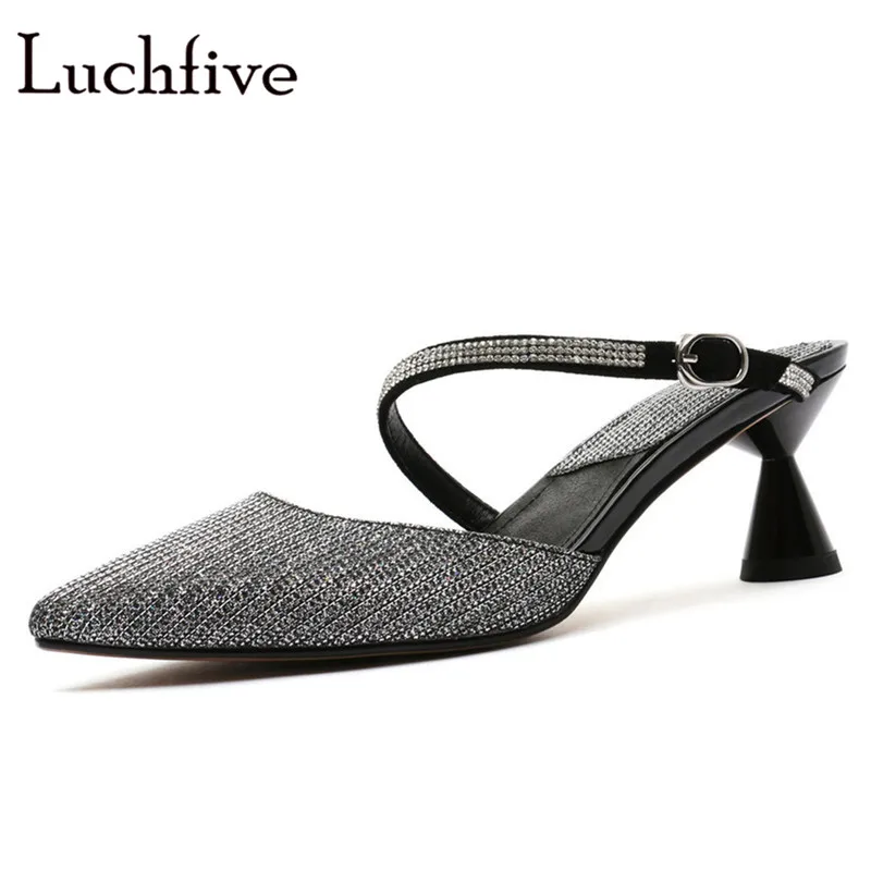 

Shining Crystal Cover Pointy Toe Women Slippers Strange High Heels One belt Buckle Party Shoes Rhinestone Silver Shoes Woman