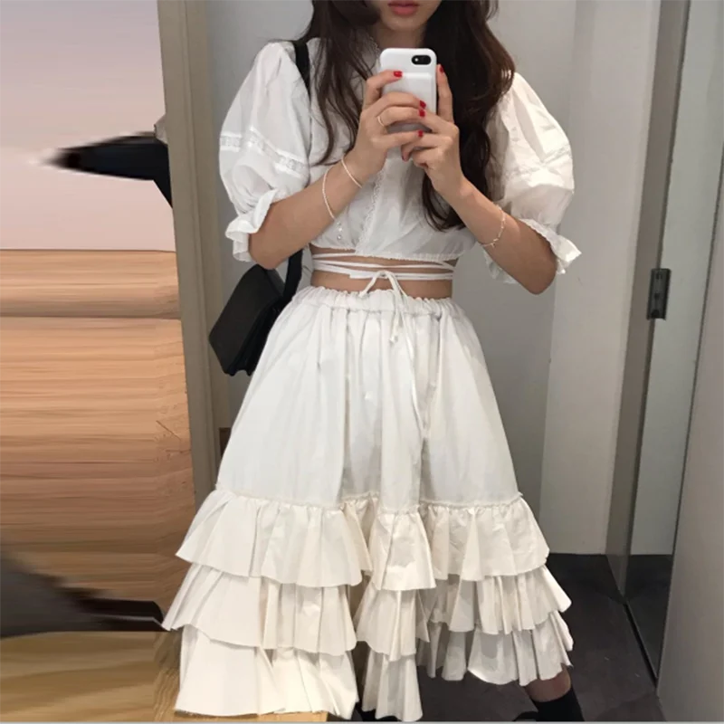 

SuperAen Fashion Women's Sets Drawstring Wild Short V-neck Short-sleeved Shirt Cotton Solid Color Skirts Female Summer New 2019