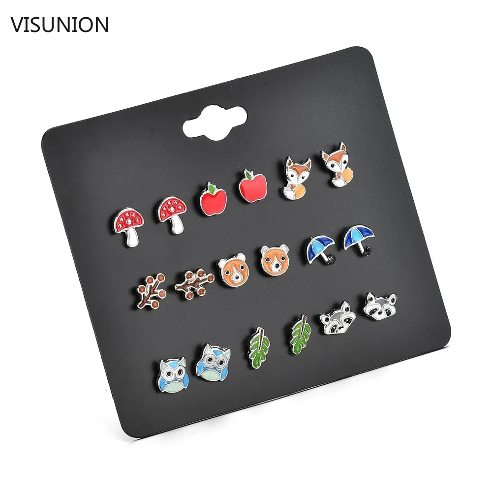 9 пар/компл. с милым фруктовым серьги-гвоздики с животными симпатичные комплекты одежды для детей, Для женщин с принтом «Лисенок "лягушка" Черепашки-ниндзя с изображением медведя, совы, серьги-гвоздики зонтик серьги в виде листиков