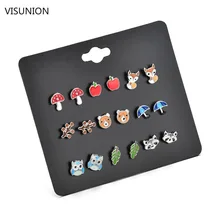 9 пар/компл. с милым фруктовым серьги-гвоздики с животными симпатичные комплекты одежды для детей, Для женщин с принтом «Лисенок "лягушка" Черепашки-ниндзя с изображением медведя, совы, серьги-гвоздики зонтик серьги в виде листиков