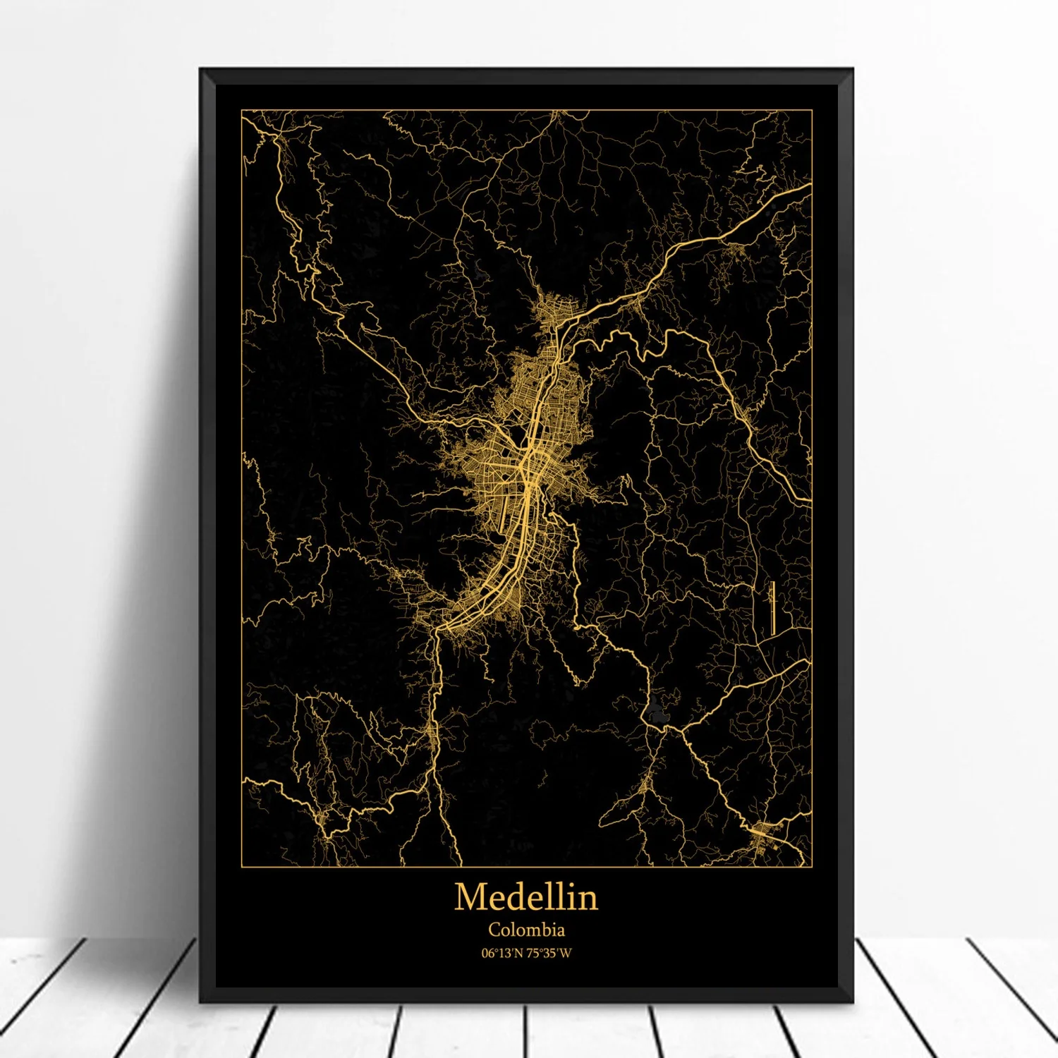 

Medellin Colombia,Modern City Gold Map Canvas Art Print Home Room Decor Poster
