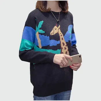 

Large Size Xl-5xl Women Black Animal Print Sweater 2018 Autumn Winter Knit Sweater Female O-neck Women Sweaters And Pullovers
