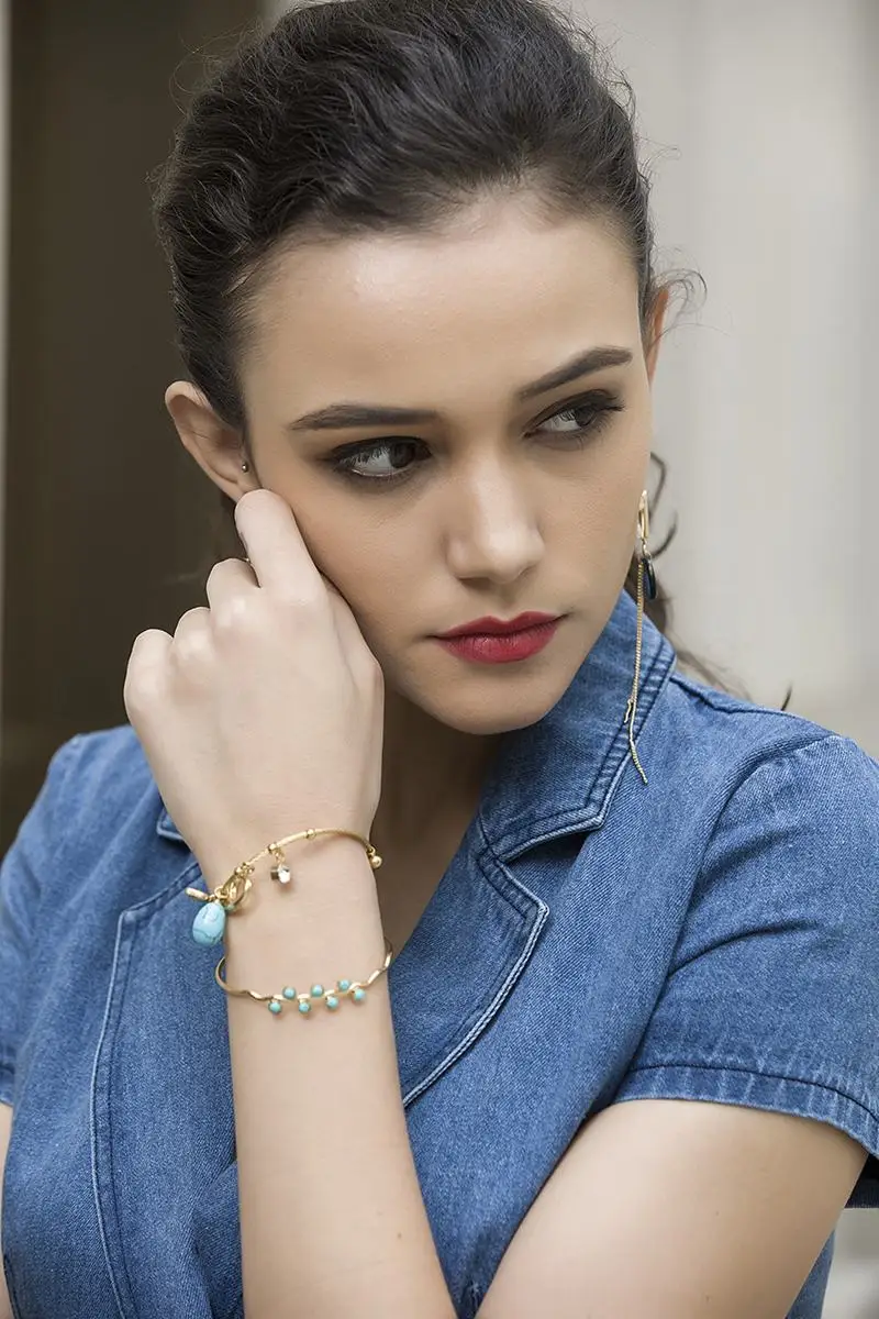 Meaeguet Gold-color Irregular Curved Bangle For Female Geometric Stainless Steel Bracelet With Green Stones Fashion Jewelry (5)