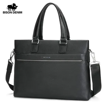

BISON DENIM Men Briefcase Shoulder Bags Genuine Leather Cowskin Handbag Large Capacity Laptop Satchel Messenger Bags N2773