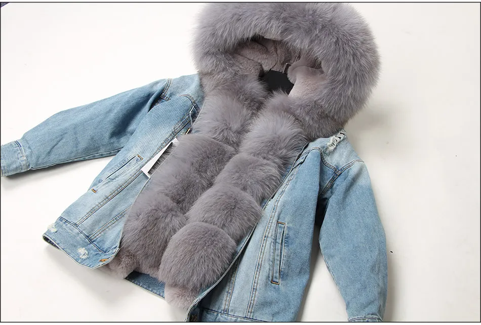 Maomaokong natural rabbit fur lined denim jacket fox fur coat coat fashion denim fox fur warm lady winter jacket women parka