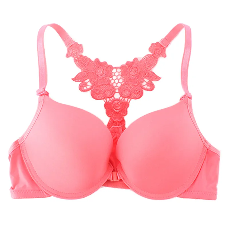 Women Sexy Front Closure Lace Bras Racer Back Push Up Seamless Bra Intimates 32 34 36 Full B Cups - Цвет: Watermelon Red