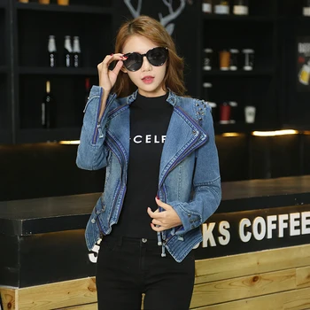 

2018 slim waist receive zipper sleeved shirts jeans rivets jacket womens shoulder pads cultivate one's morality