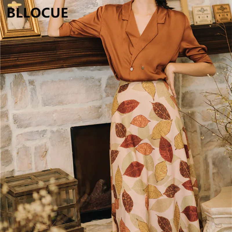 

BLLOCUE New High Quality Summer Female Retro Lapel Double-Breasted Top High Waist Maple Leaf Print Skirt Comfortable 2 Piece Set