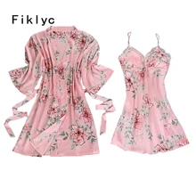 Fiklyc брендовый комплект из двух предметов, Женский банный халат с цветочным принтом и коротким рукавом+ мини-ночная рубашка, летний комплект, женские пижамы