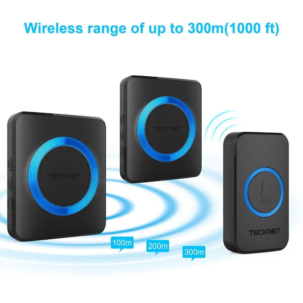 TeckNet Wireless Doorbells Twin Waterproof Wall Plug-in Cordless Door Bell Chime 300M Range 52 Chimes 4-Level Volume Blue Light TeckNet Wireless Doorbells Twin Waterproof Wall Plug-in Cordless Door Bell Chime 300M Range 52 Chimes 4-Level Volume Blue Light