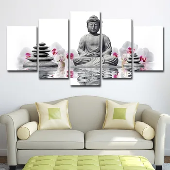 

Canvas Prints Paintings Home Decor 5 Pieces Stone Statue Of Buddha Pictures White Moth Orchid Flowers Posters Wall Art Framework