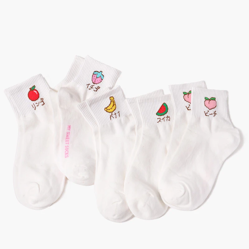 CHAOZHU Women Girls White Socks Autumn Spring Cotton Knitting Customized My Sweet Socks Fruit Peach/Apple/Banana Ankle Socks