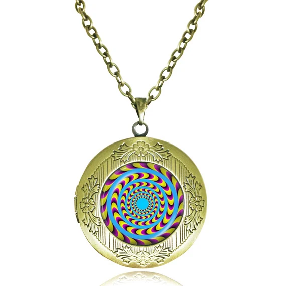 Vintage locket necklace Optical Illusion long necklace glass dome