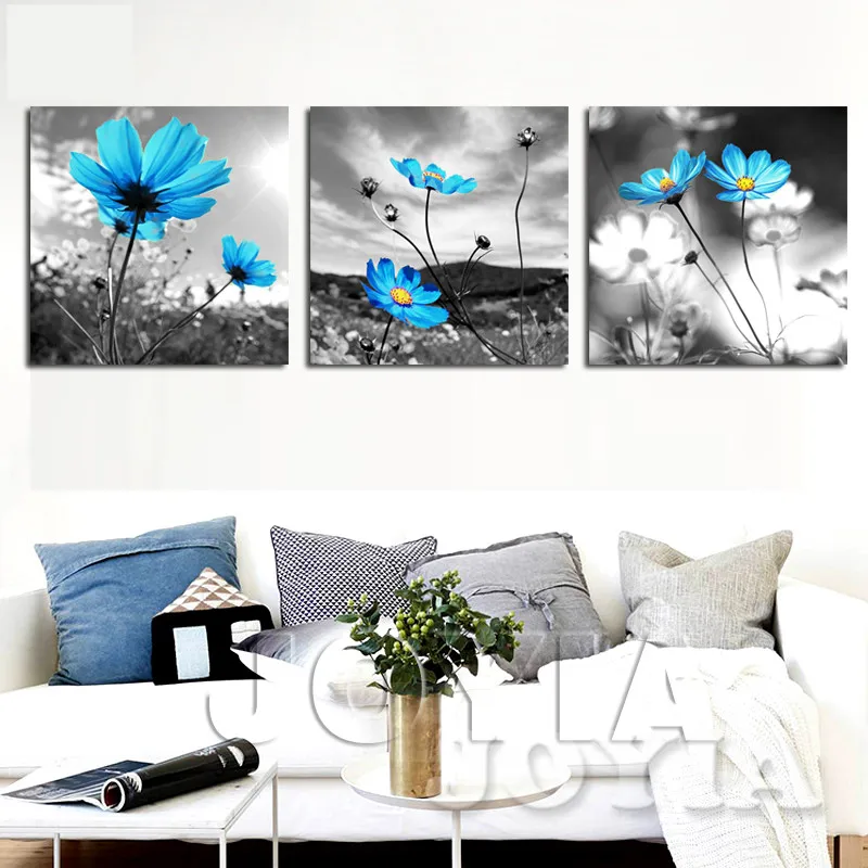 

Canvas Wall Art Decoration Wall Pictures Blue Flower Painting Gray Art Printed For Living Room Modern Home Decors No Frame