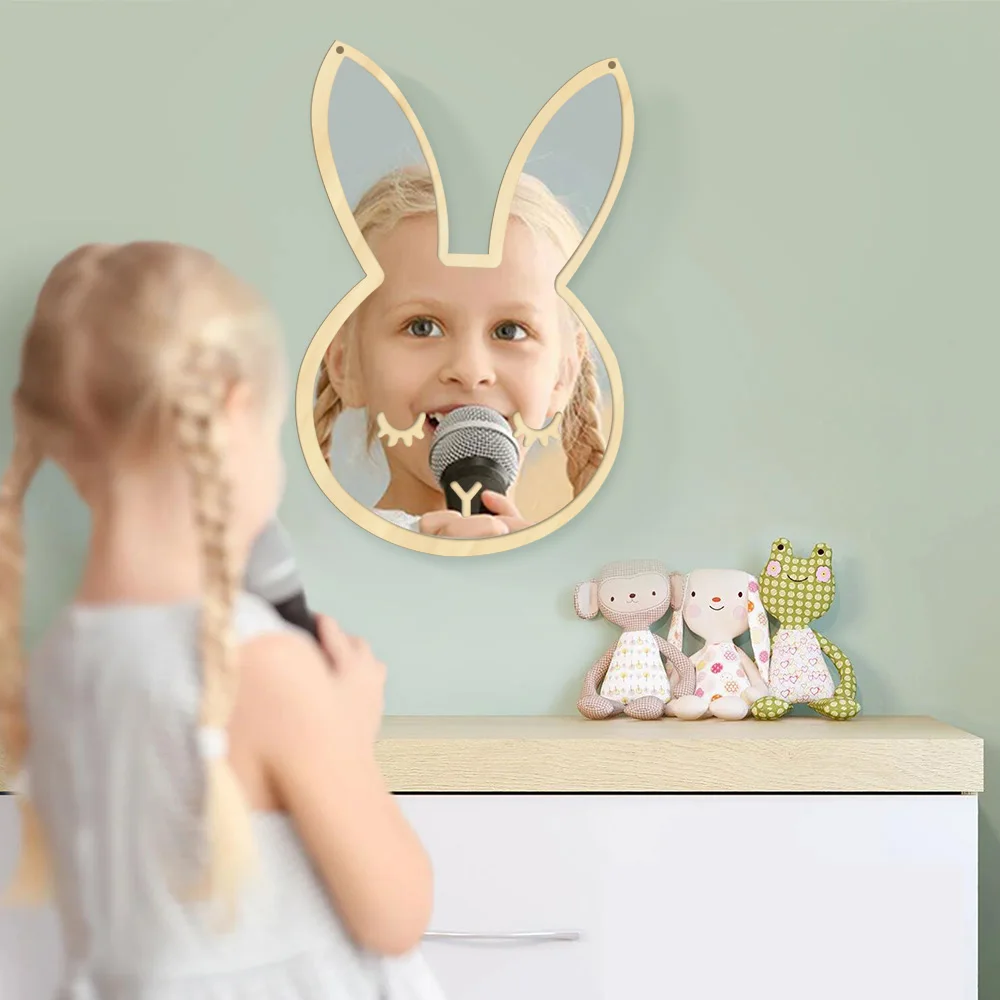 1Piece Bunny Sleepy Eyes Makeup Mirror Cute Animal Sleeping Rabbit Wood& Acrylic Safety Wall Mirror Nursery Wall Decor For Kids