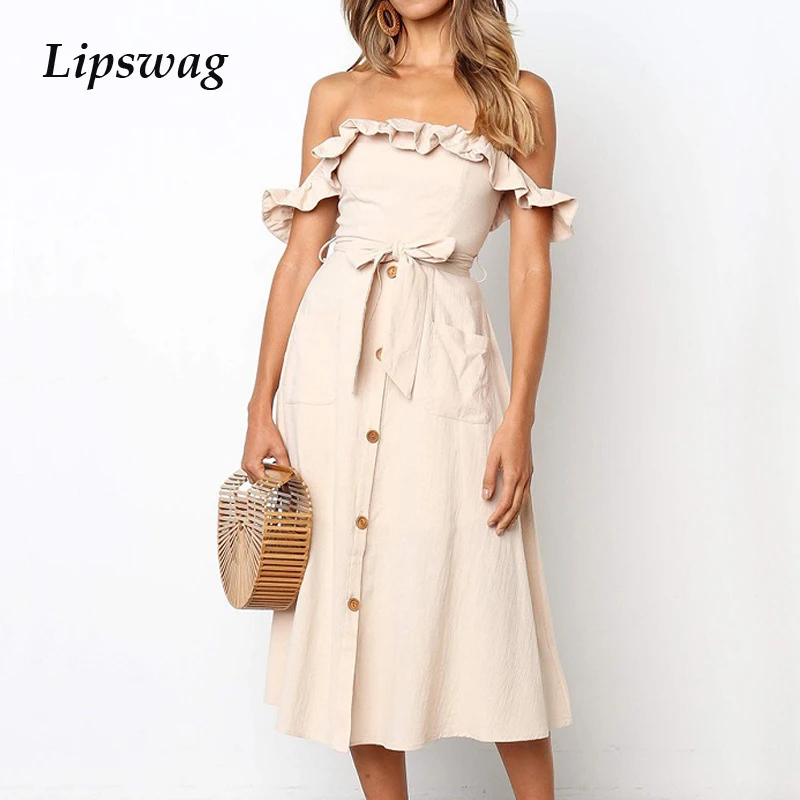 

Lipswag Sexy off shoulder ruffle women dress Elegant button cotton summer dress Casual female Sashes Beach midi Dress vestidos