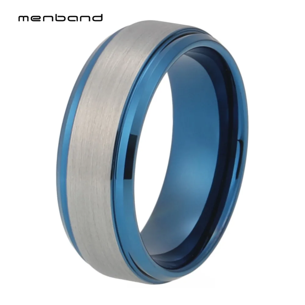 

Blue Wedding Ring Tungsten Ring Blue Color With Stepped Bevel Edges And Comfort Fit